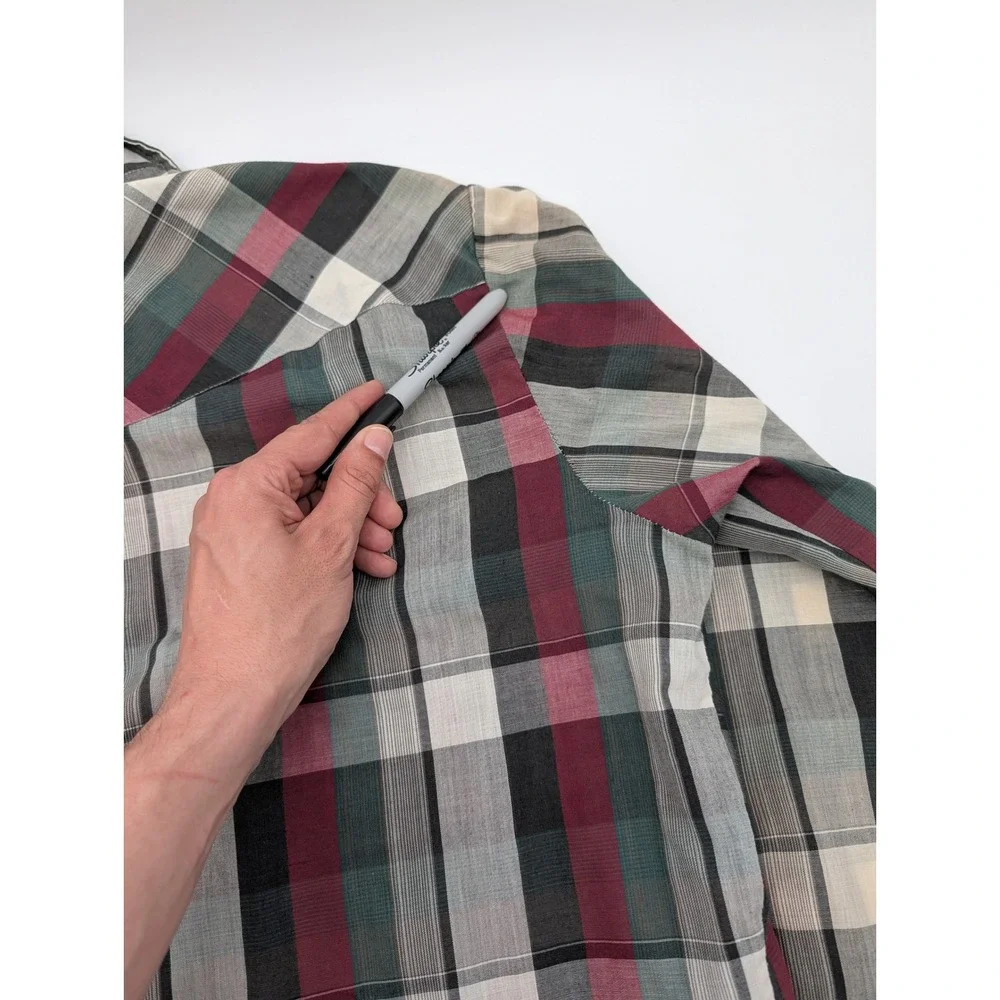 Ely Plains Vintage Western Pearl Snap Plaid Shirt Burgundy Green Mens 16.5 x‎ 34